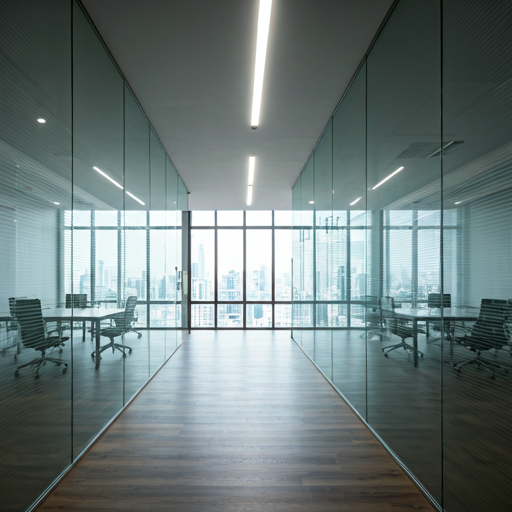 Modern corporate office interior with glass walls