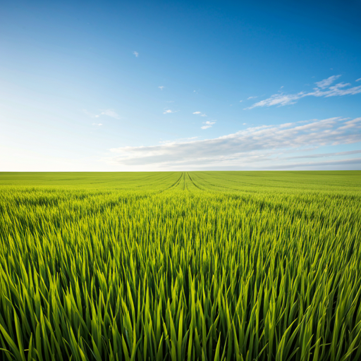 Expansive green land field under blue sky